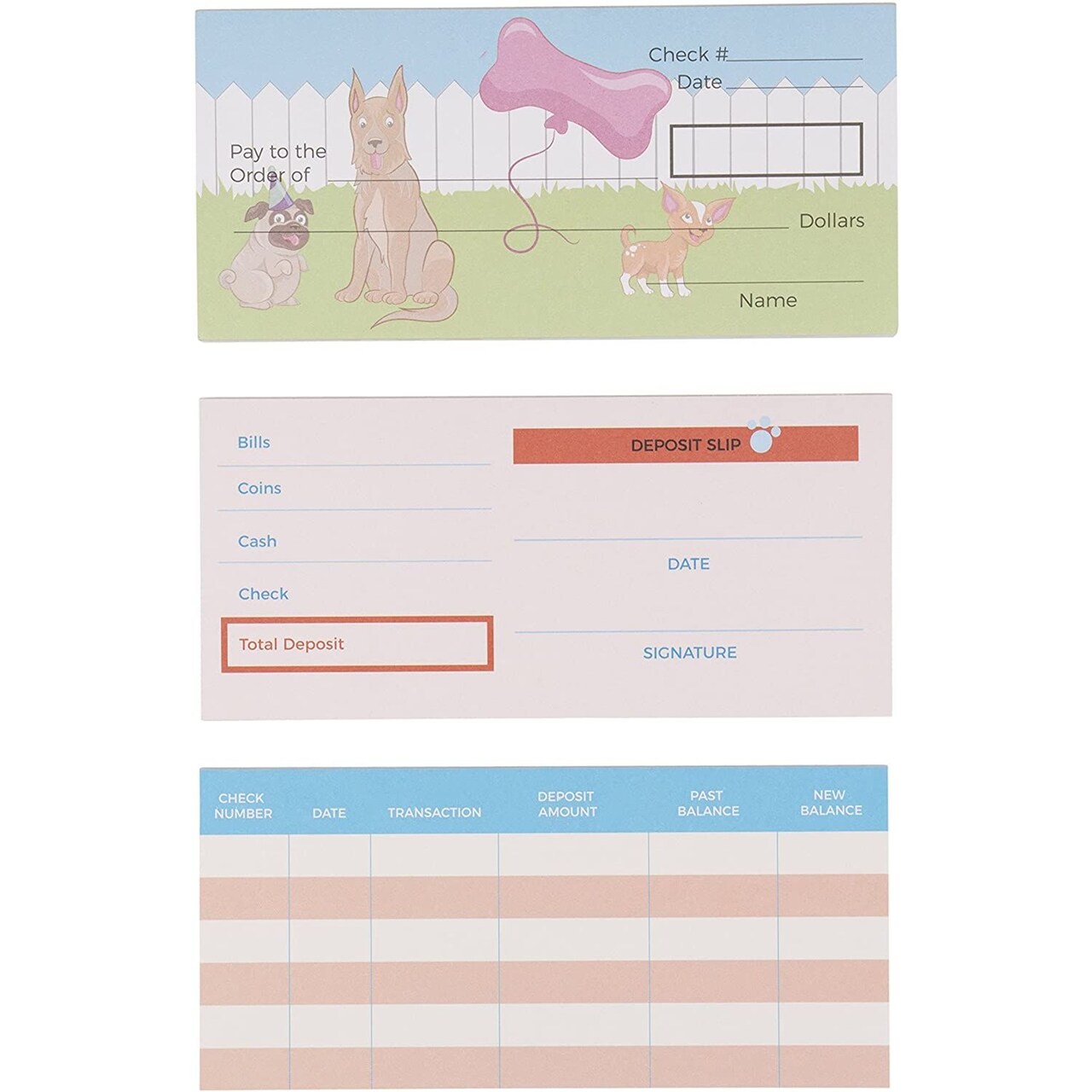 150 Sheets Fake Checkbook for Kids Learning with Pretend Deposit Slip and Check Register for Play School Supplies, Dogs Themed, Ages 3-14